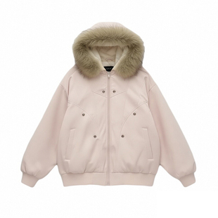 胖mm大码女装粉色座山雕毛领棉服上衣女冬季加厚保暖连帽棉衣外套
