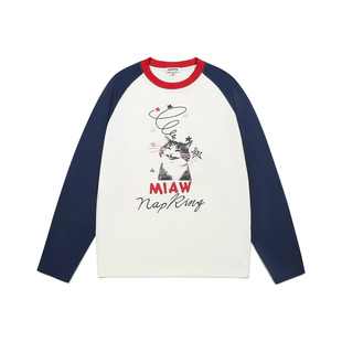 双高胎同款GUUKA潮牌美式情侣装撞色拼接上衣宽松猫咪纯棉长袖T恤