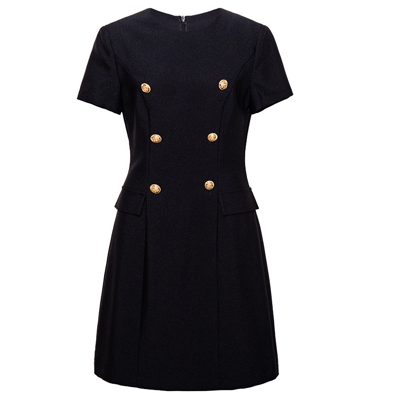 罗衣极简高级白领通勤黑色连衣裙女夏职场双排扣收腰A字裙子12046