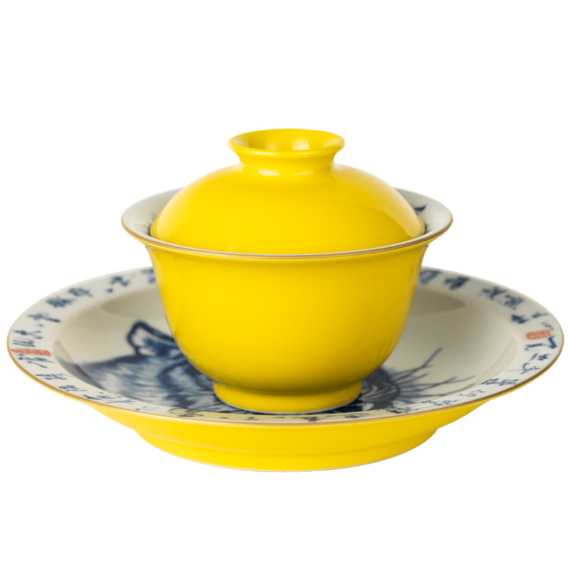 圣山景德镇明黄釉手绘青花虎虎生威陶瓷盖碗中式茶具泡茶盖碗