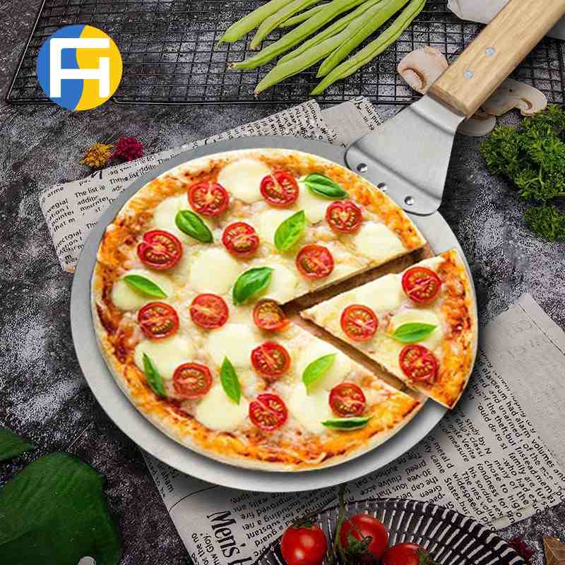 跨境直供不锈钢大号加厚工具寸披萨10蛋糕柄铲子木柄圆形烘焙塑料