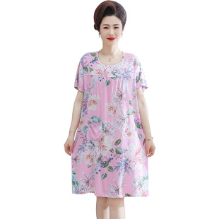 妈妈棉绸睡裙中老年人夏季薄款短袖人造棉家居服绵绸睡衣连衣裙子