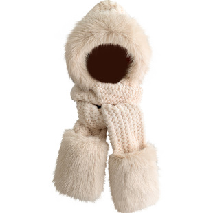 毛绒帽子围巾手套一体女秋冬季百搭加厚保暖骑车防寒护耳连帽围脖