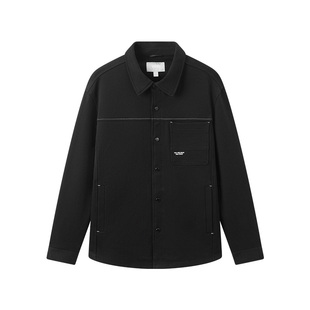 森马外套男衬衫式翻领上衣春季基础黑色弹力针织便服撞色印花外套