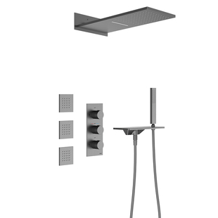 鼎菲枪灰色恒温淋浴瀑布花洒暗装嵌入墙式花洒侧喷淋浴置物台套装