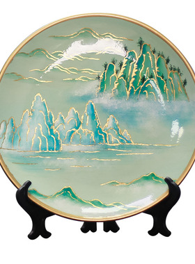 挂盘摆盘青绿国画山水摆件工艺品
