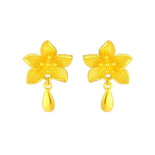 赛菲尔无焊料黄金耳饰足金999.9花朵耳吊水滴花朵耳钉婚庆婚嫁