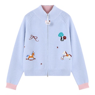 Basic House/百家好减龄木马刺绣针织开衫女半高领拉链毛衣外套