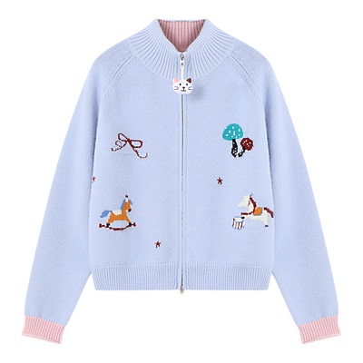 Basic House/百家好减龄木马刺绣针织开衫女半高领拉链毛衣外套