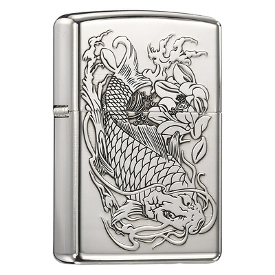 zippo打火机盔甲纯银荷叶鲤鱼