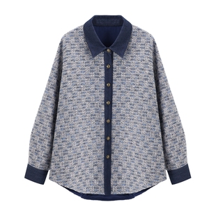 百家好小香风衬衫外套女秋冬季高级感牛仔拼接设计感2025新款上衣