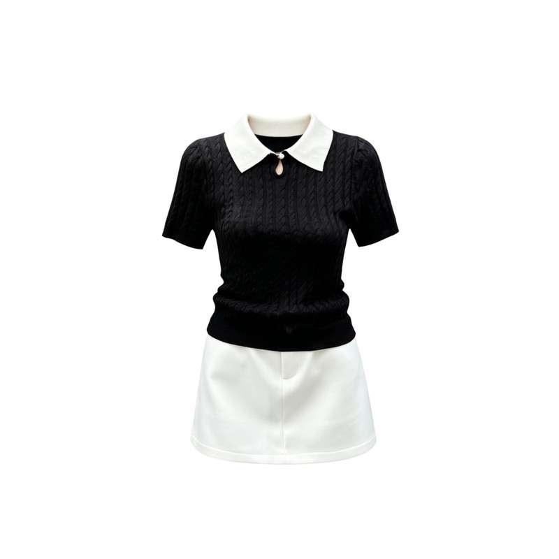 黑色显瘦针织上衣白色短裙两件套