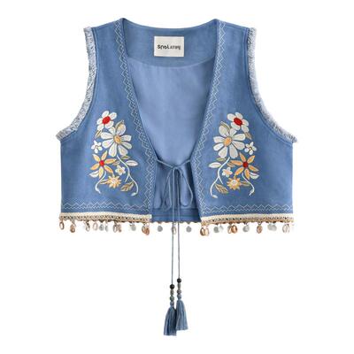 森女部落原创民族风小花刺绣上衣宽松马甲时尚套装女2026新款秋季