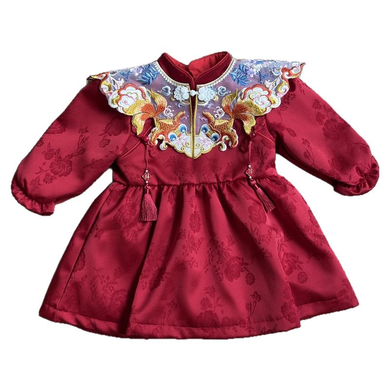 女宝宝周岁礼服秋冬季红色中式公主裙满月百天一周岁生日宴抓周服