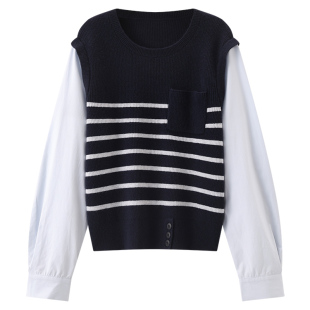 库恩玛维设计感假两件针织衫女2025年早秋新款复古学院派条纹上衣
