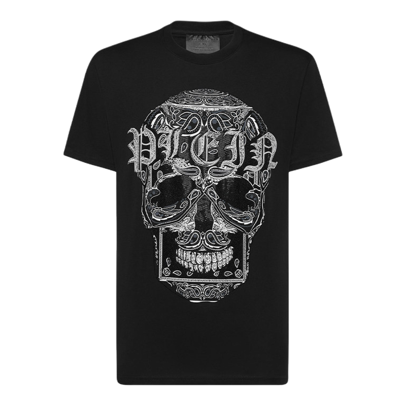 PHILIPP PLEIN 男士夏季佩斯利花纹骷髅圆领短袖黑色T恤上衣