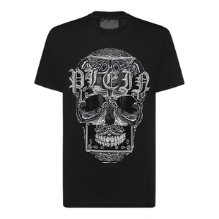 PHILIPP PLEIN 男士春夏季佩斯利花纹骷髅圆领短袖黑色T恤上衣