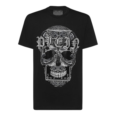 PHILIPP PLEIN 男士夏季佩斯利花纹骷髅圆领短袖黑色T恤上衣