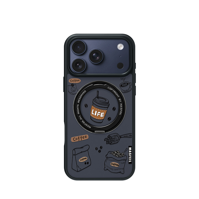 MASFEIL × 咖啡线条适用苹果17promax手机壳iPhone16pro新款磁吸带支架ip15全包Fo5支点高级感17好看可爱