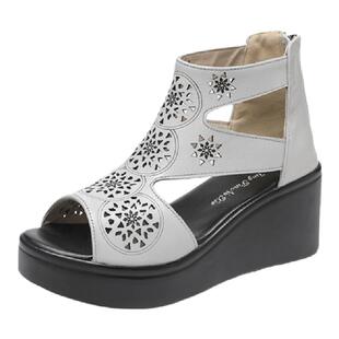 罗马鞋女夏季高跟时装真皮女鞋2025新款高帮坡跟凉靴厚底鱼嘴凉鞋