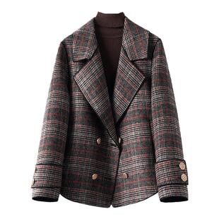 呢子大衣女短款西装领双排扣韩版千鸟格春秋新款羊毛呢外套小个子