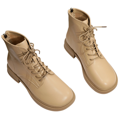 舒适软皮~温柔杏色平底马丁靴女