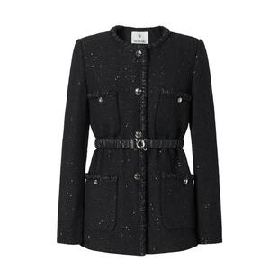 商场同款 摩萨克冬混纺绵羊毛小香风收腰长款粗花呢外套女