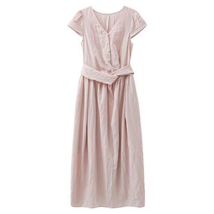 夕蒙韩系天丝裙子女夏季通勤高知穿搭长款粉色正肩v领短袖连衣裙