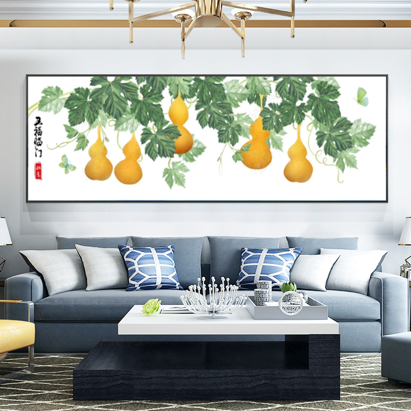 五福临门葫芦挂画客厅沙发背景墙装饰画福禄图床头壁画横版餐厅画