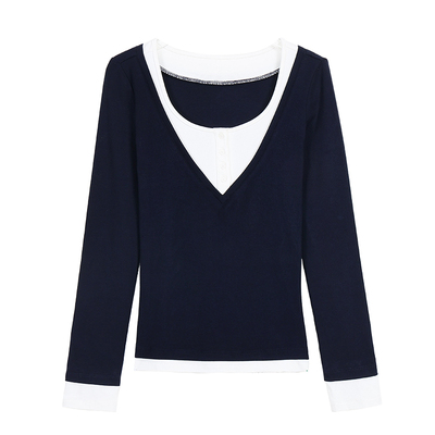 高阶叠搭假两件v领长袖针织上衣