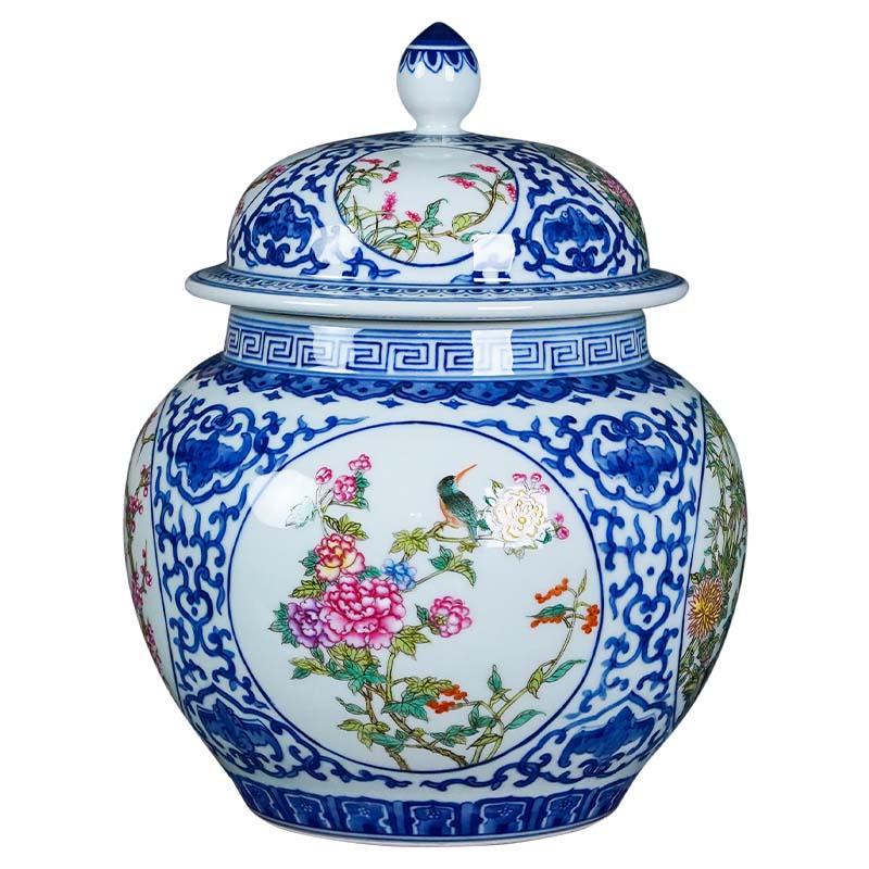 景德镇手绘青花瓷花鸟纹茶叶罐