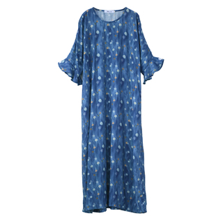 复古晕染蓝色波点袍子连衣裙原创设计夏款文艺大码宽松显瘦长裙女