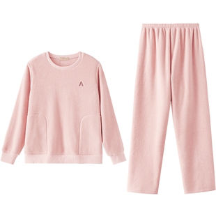 秋鹿珊瑚绒情侣家居服秋冬加厚加绒圆领套头睡衣秋季女款2026新款