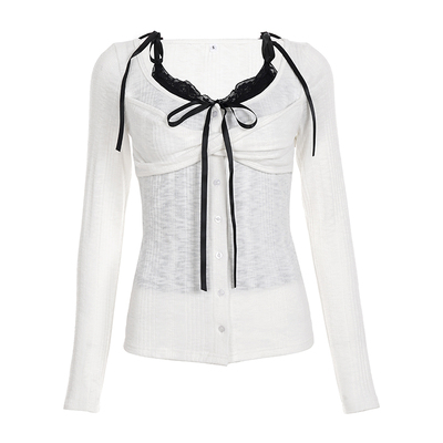 WEEKEEP 韩系纯欲风蕾丝拼接蝴蝶结假两件长袖T恤女绑带收腰上衣