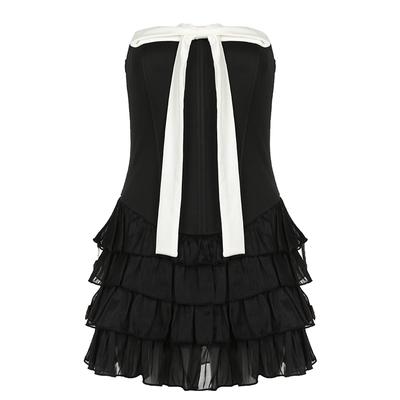 蝴蝶结拼色多层抹胸蛋糕公主裙夏