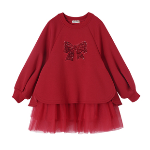 女童连衣裙冬拜年服礼服裙子儿童红色蝴蝶结公主裙童装新年衣服
