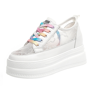 真皮蕾丝内增高小白鞋女夏季网纱镂空透气松糕鞋厚底运动休闲网鞋