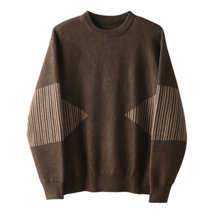 LUUD 复古通勤重磅698克长袖毛衣男士撞色几何条纹提花纱线针织衫