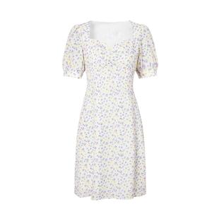 摩萨克夏季法式紫黄碎花印花方领泡泡袖修身收腰短款连衣裙女