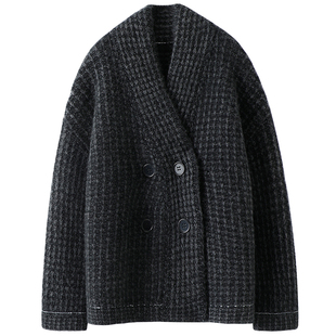 启超宝藏气质通勤款！厚V领双排扣羊绒开衫女华夫格编织羊绒毛衣