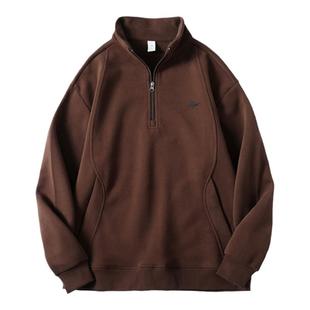 立领半拉链加绒卫衣男秋冬美式复古宽松刺绣上衣男士运动休闲外套