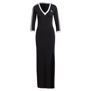 阿迪达斯三叶草女子赫本风修身长裙侧开叉V领连身裙JX5193 IK0439