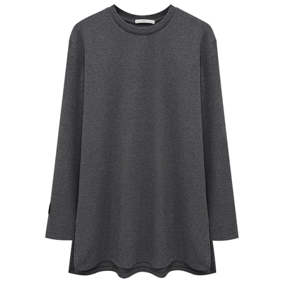 高个遮臀薄绒长袖开叉中长T恤