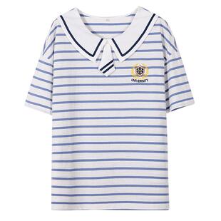 初中女生夏装短袖体恤海军领条纹学院风青少女休闲上衣夏季T恤潮