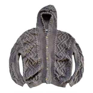 复古灰色麻花纹连帽针织开衫秋冬绞花毛衣外套垂感通勤百搭上衣男