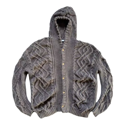 秋冬复古灰麻花连帽针织开衫男