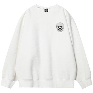 TCH潮牌卫衣套头烫钻骷髅头春秋新款个性压花白色T69B116012