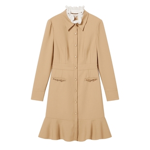 Goodland美地春季拉夫领撞色荷叶边裙摆连衣裙