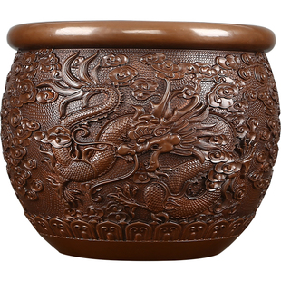 紫铜龙缸摆件门海铜缸入户聚宝盆中式办公室装饰品创意画卷收纳缸