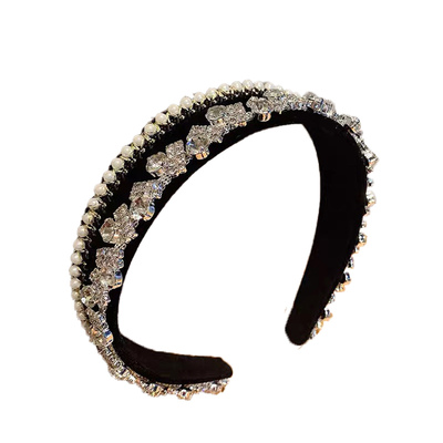 韩版宽边高级感珍珠水钻头箍海绵